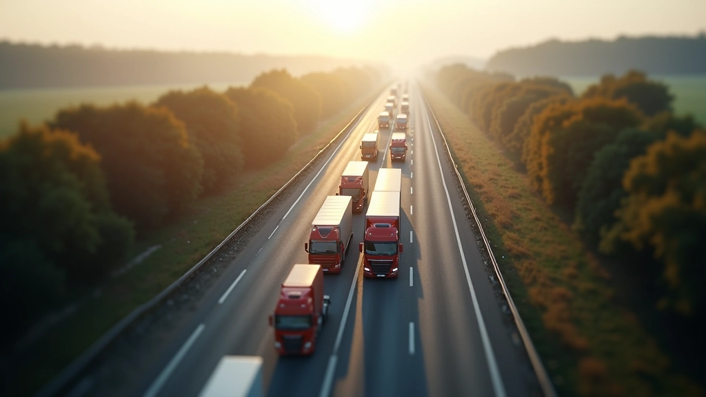 Luftaufnahme von Lastwagen und Zügen auf europäischen Autobahnen, zeigt Transportnetzwerk und Handelsfluss