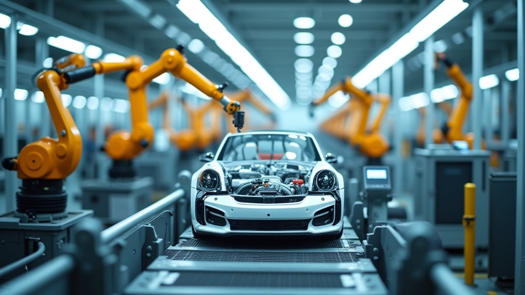 Industrielle Fertigungslinie mit Roboterarmen, die Autoteile zusammenbauen in modernem Werk