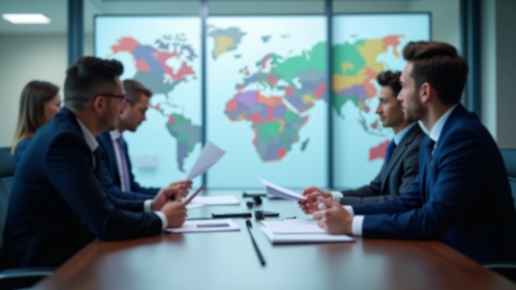 Geschäftsleute in modernem Konferenzraum bei Diskussion über Handelsdokumente und Karten