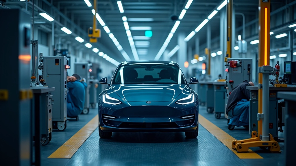 Elektrofahrzeug in Produktionshalle mit modernen Fertigungstechnologien