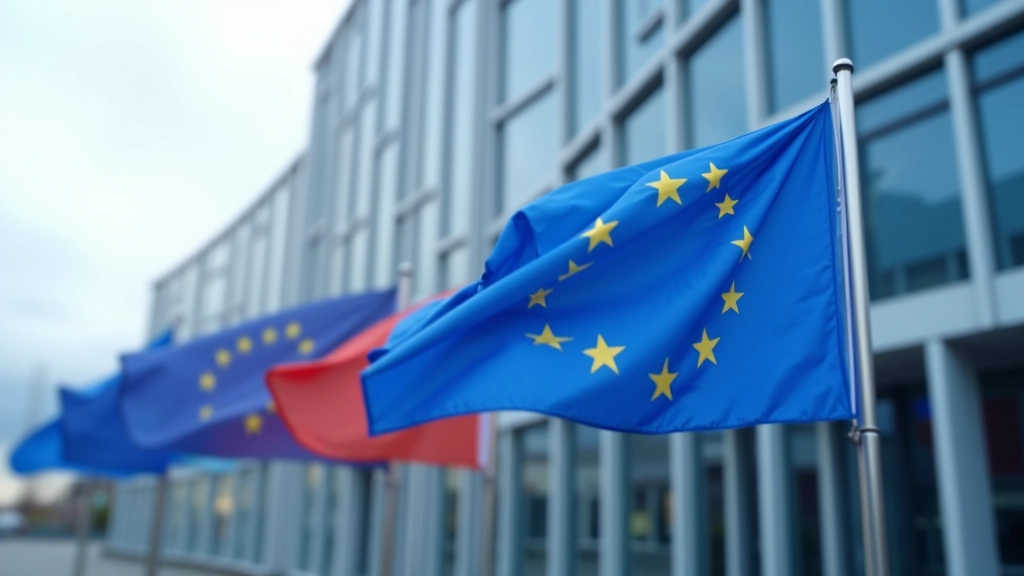 Europäische Flaggen vor modernem Gebäude mit EU-Symbolen