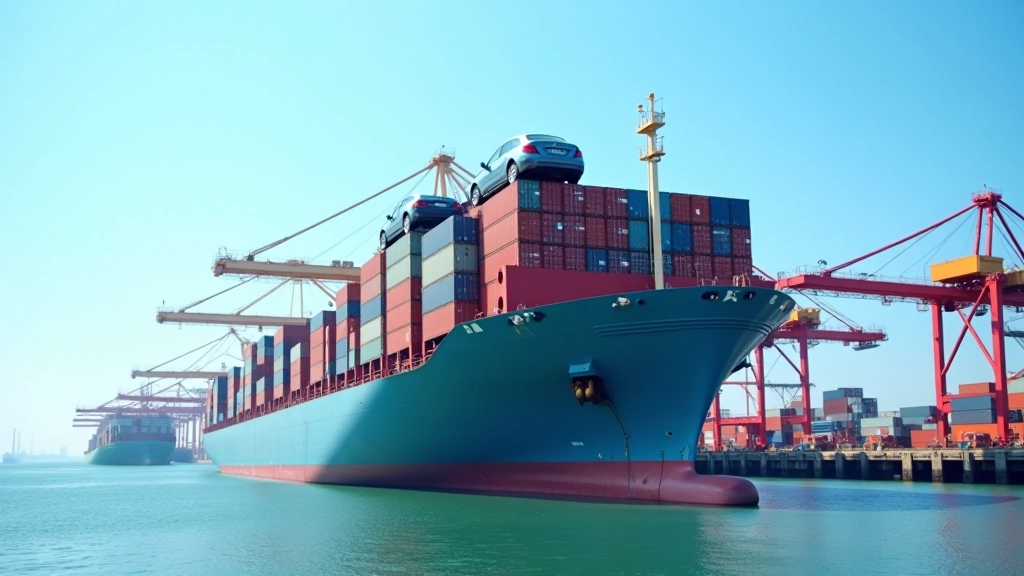 Hafen mit Containerschiffen voller exportierter Fahrzeuge und Komponenten