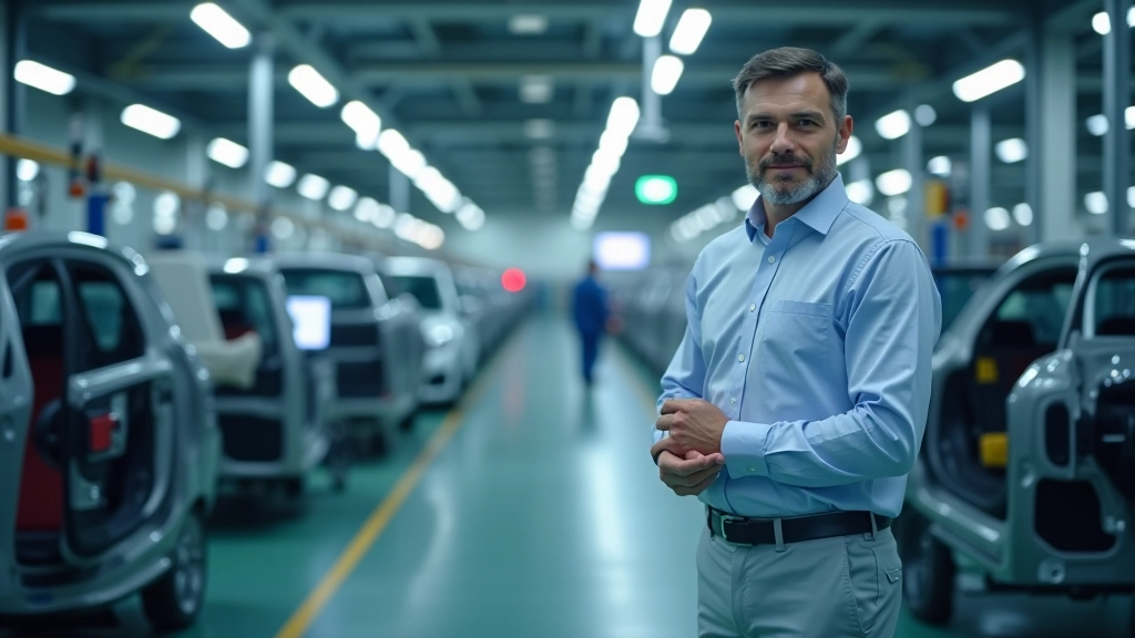 Moderne Autofabrik mit Roboterarmen und Fertigungsbändern