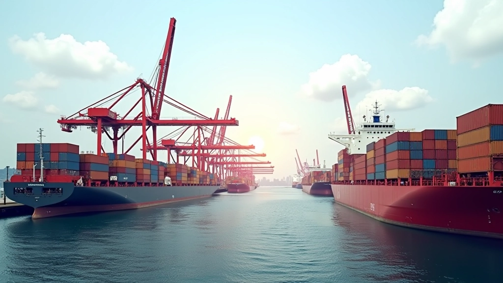 Moderner Hafen mit Containerumschlag, Kränen und internationalen Schiffen im Hintergrund