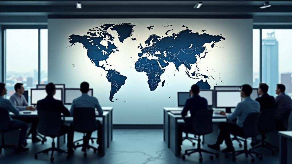 Internationale Handelsanalysezentrale mit Kartenansichten und modernem Arbeitsumfeld