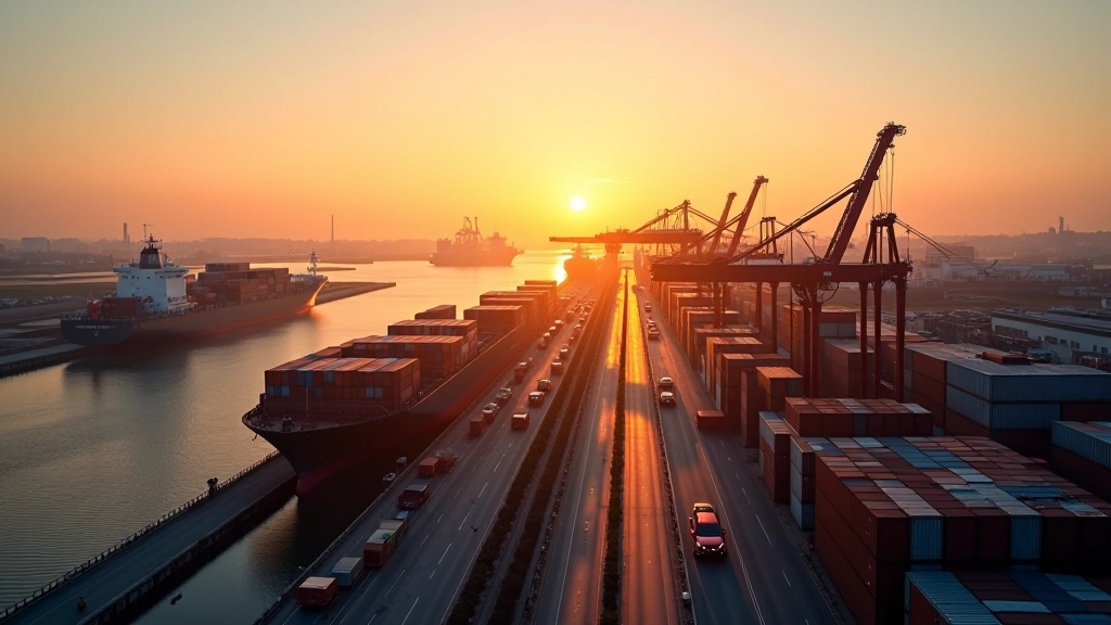 Modernes Hafenterminal mit Containerschiffen und Lagerhallen bei Sonnenuntergang