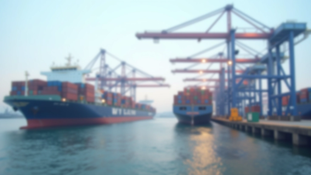 Moderne Hafenanlage mit Containerschiffen und EU-Flaggen, symbolisiert europäischen Handel und Logistik