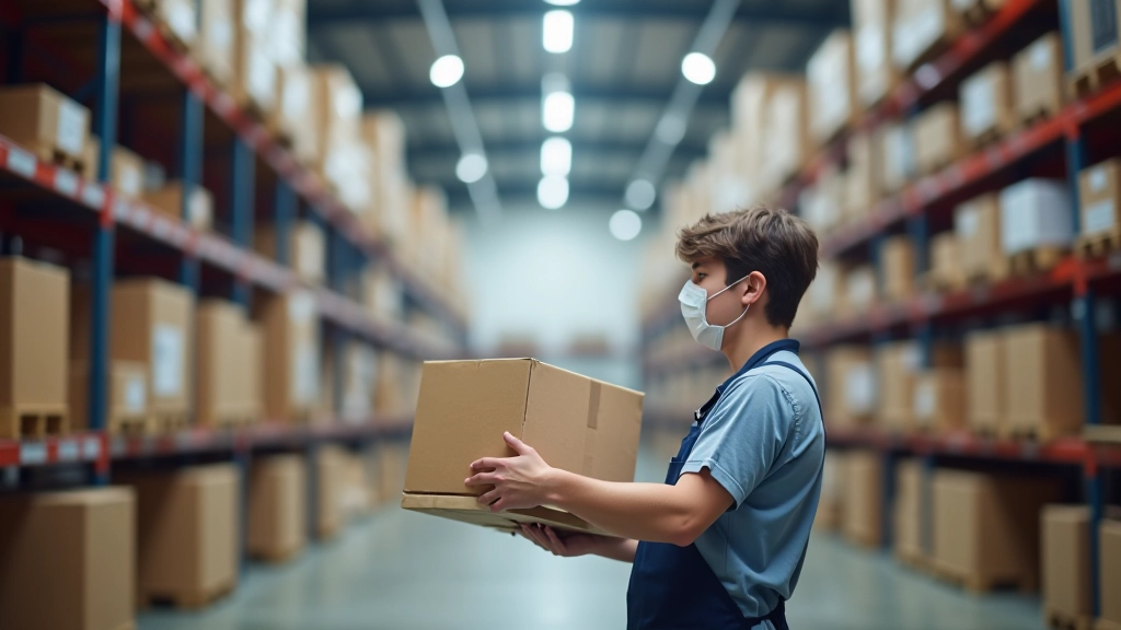 Lagerhaus mit Arbeitern, die Waren sortieren und verpacken, europäisches Logistikzentrum mit Effizienz-Symbolik
