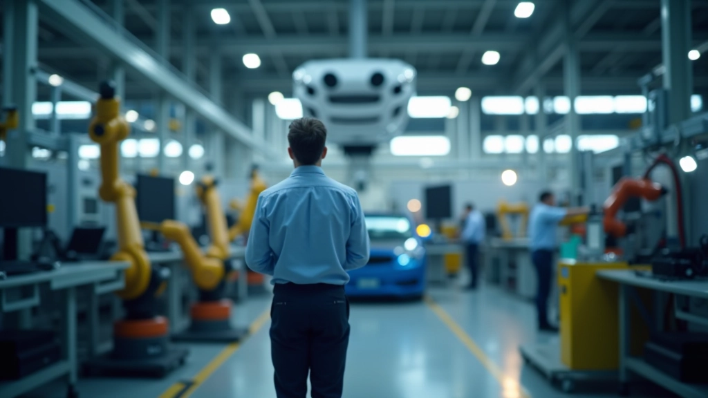 Hochmodernes Automobilwerk mit Robotern und Fertigungsstraßen